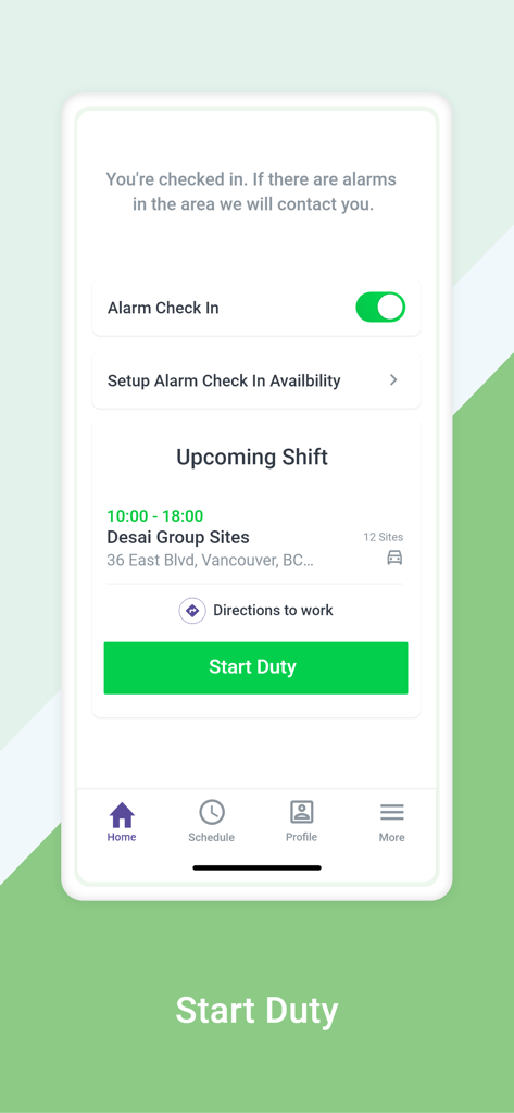 Novagems StaffApp - Novagems StaffApp interface displaying upcoming shift details and a large green start duty button for security guards