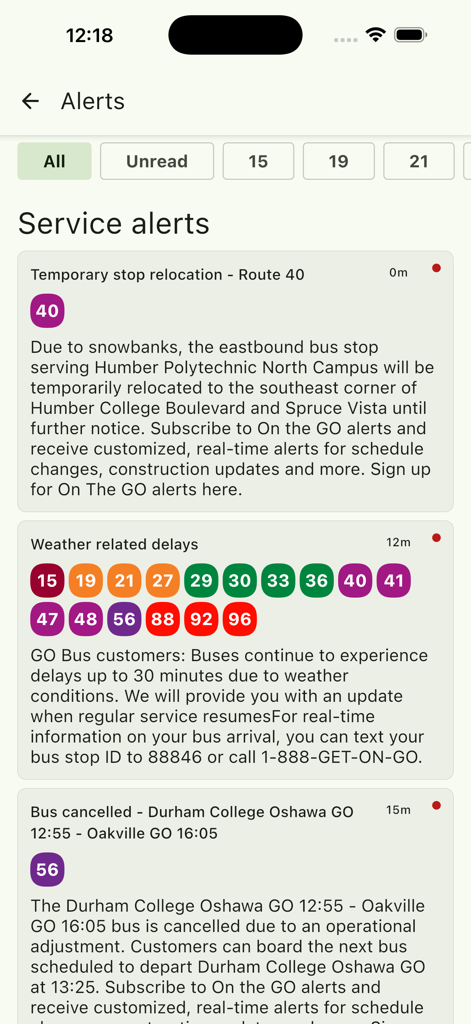GO Departures - Screenshot of the service alerts page in the GO Departures app showing real-time transit updates and weather-related delays.