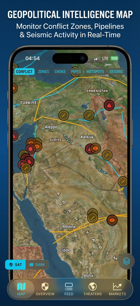 World Monitor Real-Time Intel® - A real-time geopolitical intelligence map on a smartphone displaying conflict zones pipelines and seismic activity overlays in the Middle East.