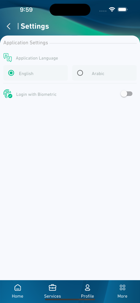 Mumaris+ - Settings screen of Mumaris plus app showing language options and biometric login toggle