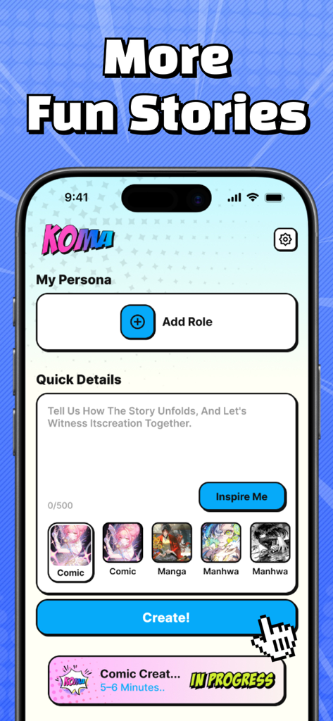 Koma - AI Manga & AI Comics - Koma app interface showing manga and manhwa creation options with an AI prompt input box.