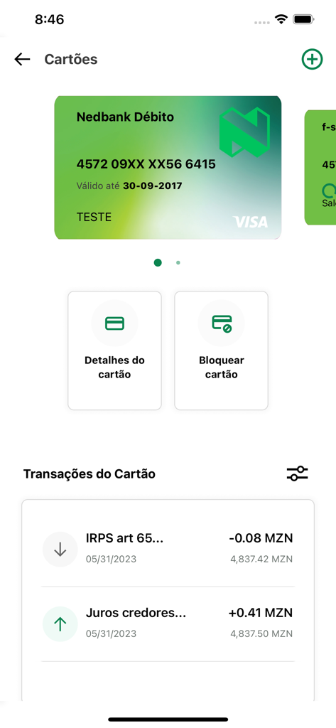 MyUey - MyUey mobile app screen for managing Nedbank debit cards and viewing transaction history