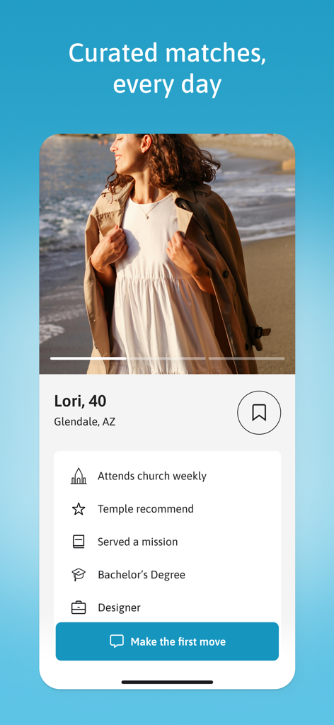 Screenshot of a user profile on the LDS Singles app showcasing curated match features and faith-based lifestyle details