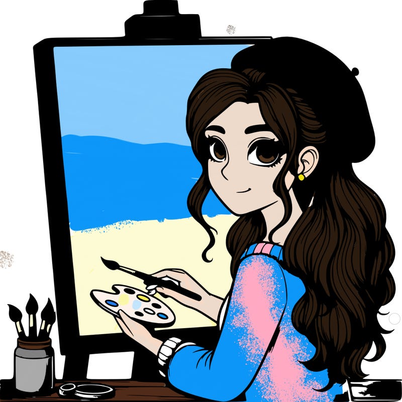 realistic girl artist painting a blank canvas