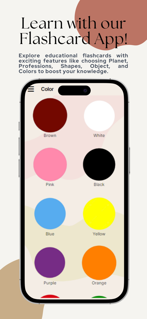 Flashcards World - Flashcards World app screen showing colored circles for kids to learn brown white pink black blue yellow purple and orange