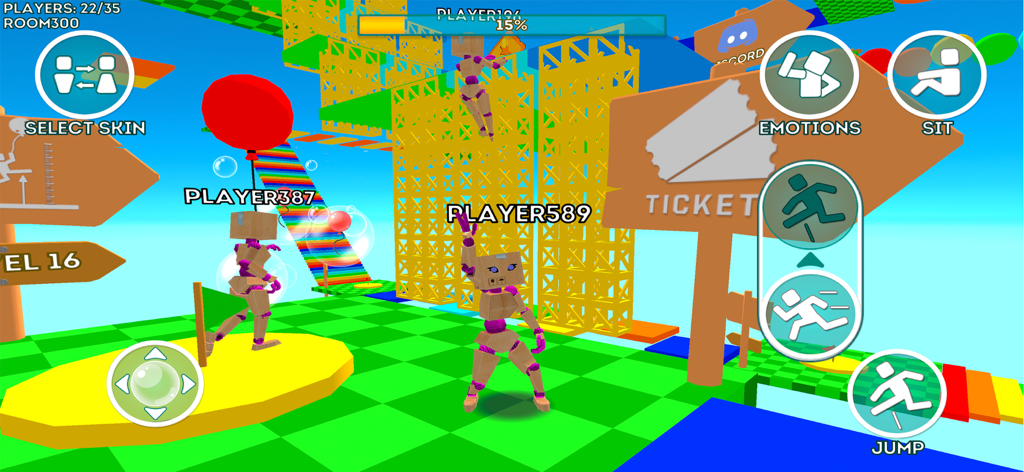 Obby Online Parkour World - Cardboard box characters competing in a colorful 3D parkour obstacle course with on screen controls