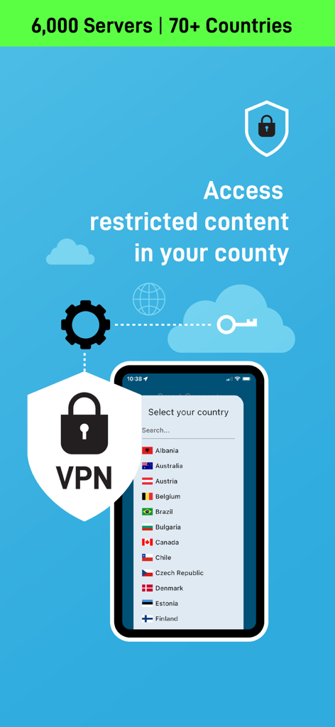 WiFi Magic+ VPN - WiFi Magic VPN app interface showing a list of global server countries and restricted content access