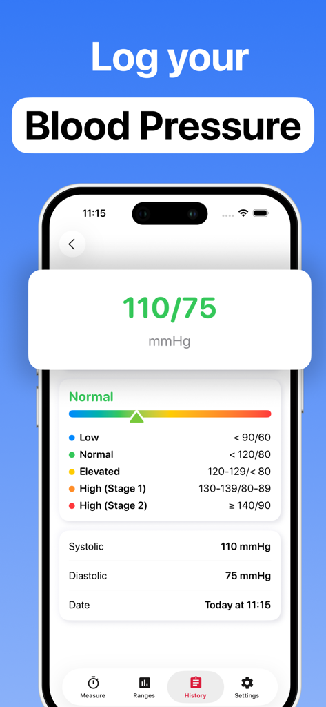 Mobile app interface for logging blood pressure showing a normal reading of 110 over 75 mmHg.