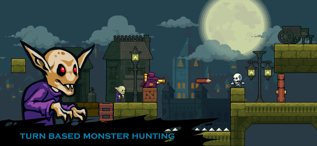 Arte de píxeles de Turn Undead 2 Monster Hunter con un cazador y monstruos en una ciudad gótica.