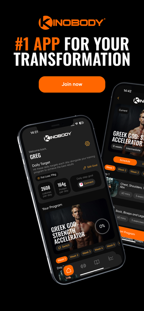 Kinobody Fitness - Smartphone screens displaying the Kinobody app dashboard with calorie tracking and the Greek God Strength Accelerator program
