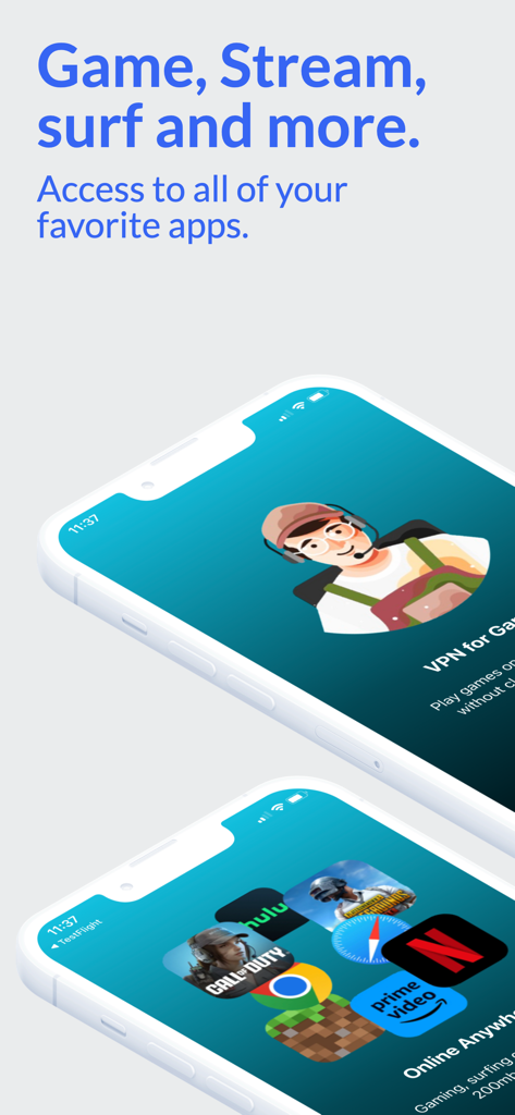GamingVPN mobile app interface showing access to gaming and streaming apps on iPhone.