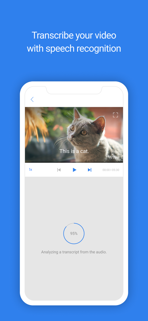 Vrewモバイルアプリのインターフェース。プログレスバーと動画プレビュー付きのAI動画文字起こしと音声認識が表示されています