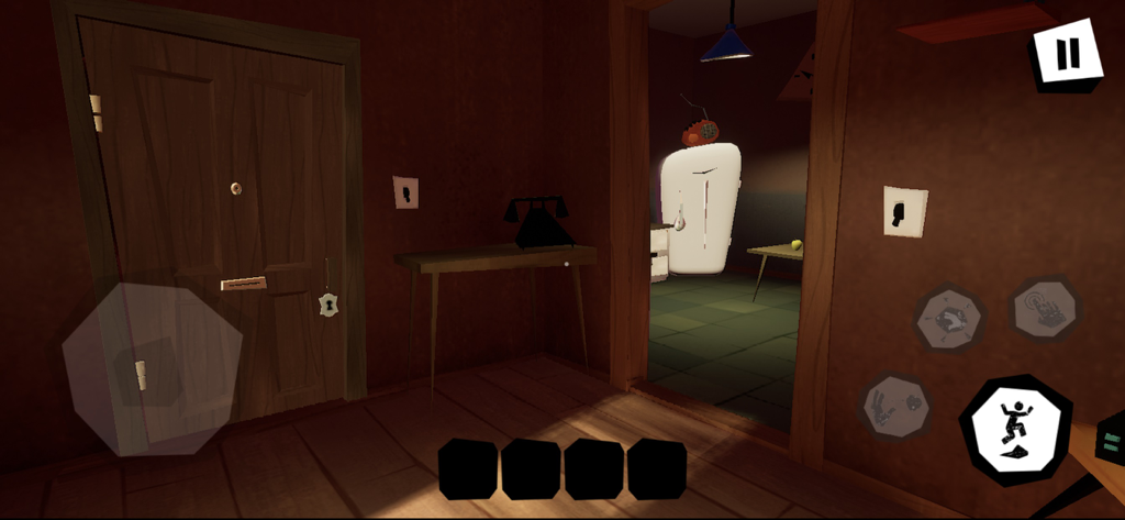 A first-person view of a house interior in Hello Neighbor showing a hallway with a phone and a kitchen in the background