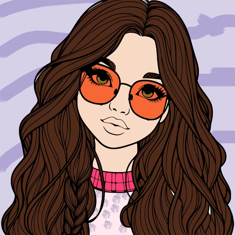 girl with long hair and freckles and glasses realistic