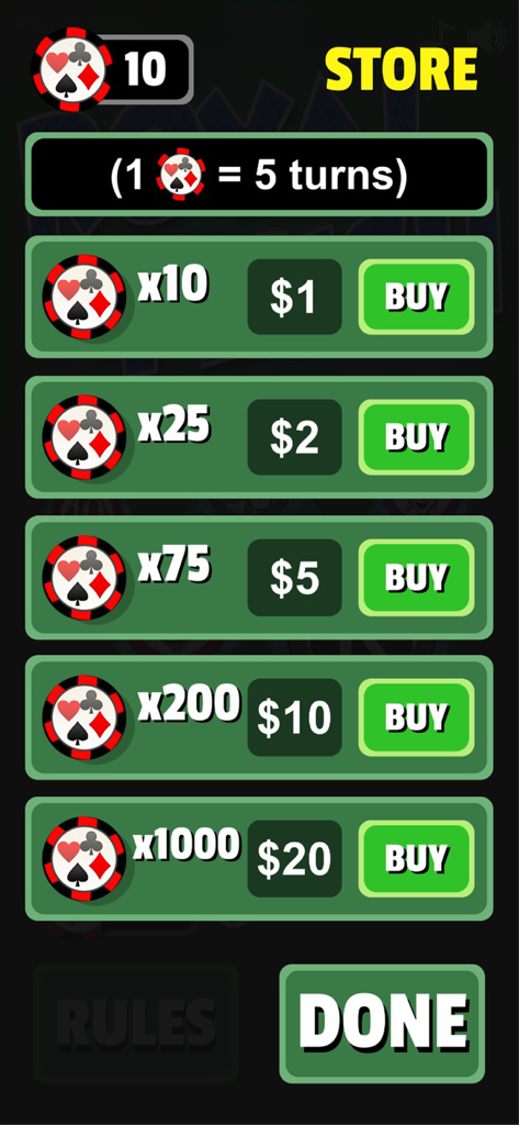 Royal Flush Game - Tela da loja do Royal Flush Game mostrando pacotes de fichas para jogadas extras.