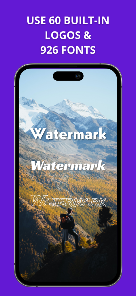 Watermarkly app interface showing various font styles for watermarking a landscape photo on an iPhone