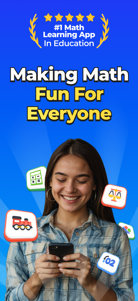 A smiling woman using the Go Math app with educational icons and the text Making Math Fun For Everyone.