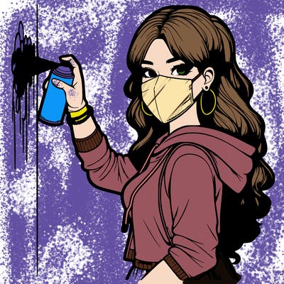 realistic girl with mask spray painting a wall