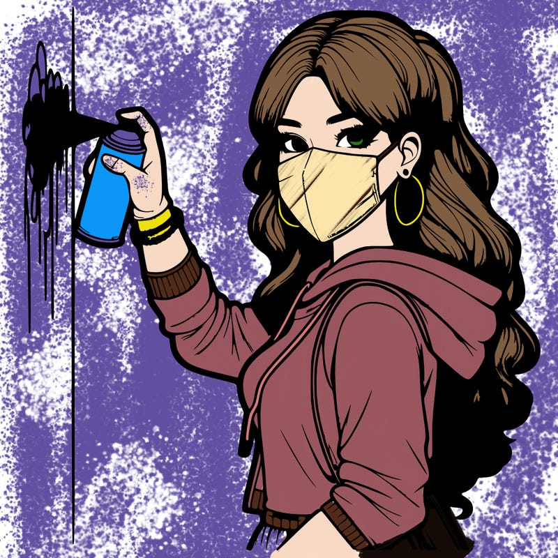 realistic girl with mask spray painting a wall