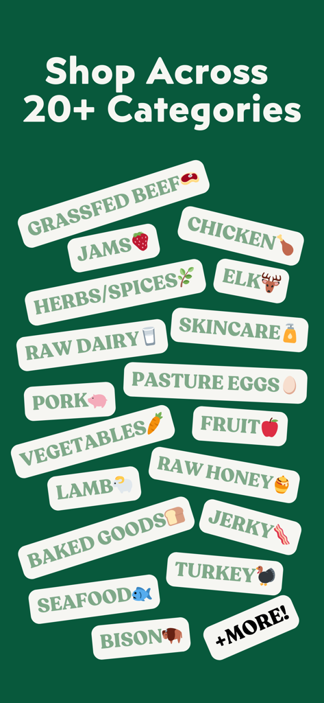 Localize - Farmers Market - Écran de l'application Localize montrant plus de 20 catégories de produits agricoles, y compris le bœuf nourri à l'herbe et les produits laitiers crus