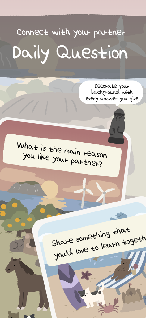 Couple Tree app interface showing daily relationship questions with cute illustrated backgrounds.
