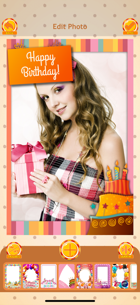 Happy Birthday Photo Editor - Happy Birthday Photo Editor app interface with birthday frames and stickers