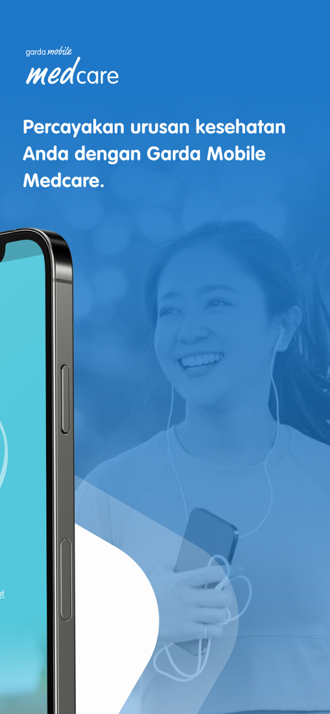Garda Mobile - Medcare - Tela inicial do aplicativo de saúde Garda Mobile Medcare com uma mulher sorridente usando fones de ouvido