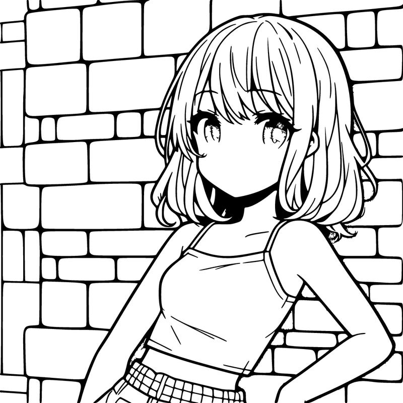 pretty anime girl with crop top pressing against brick wall