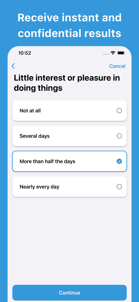Una schermata mobile che mostra una domanda di valutazione della depressione riguardante l'interesse per le attività con opzioni di frequenza.