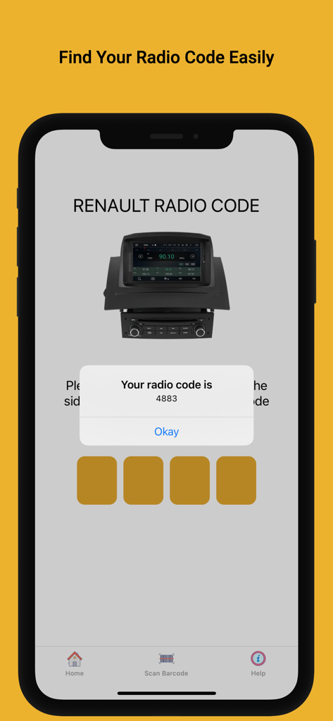 Renault Radio Code App-Oberfläche, die einen generierten Entsperrcode auf dem Bildschirm anzeigt