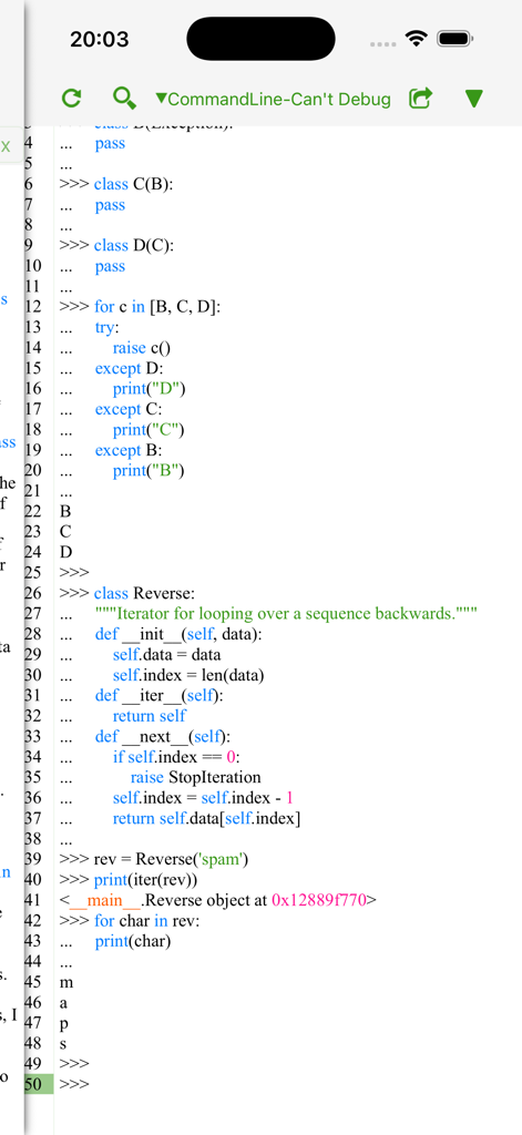 Python code execution in the mobile command line interface showing syntax highlighting and terminal output