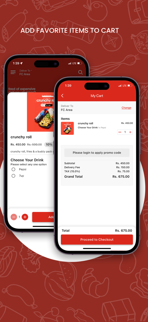 Redapple PK - A mobile app screen for Redapple PK showing a shopping cart with a crunchy roll meal and a checkout summary