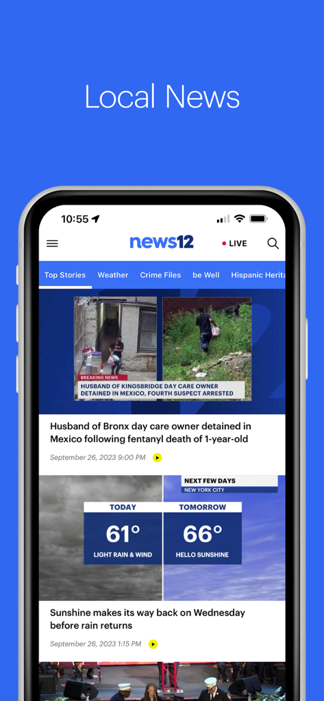 News 12 Mobile - Smartphone screen displaying the News 12 Mobile app with local tri-state area news headlines and weather forecasts