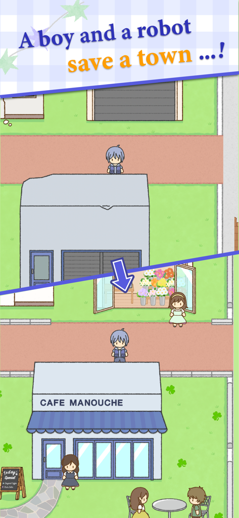 Treasure Flea Market: Cozy Sim - 荒廃した建物が、居心地の良いシミュレーションゲームで、活気のある花屋兼カフェに変わる様子を示す比較。