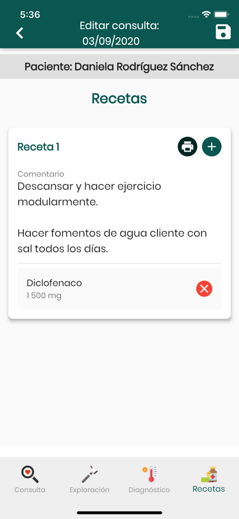 Interfaz móvil de Salutis Medical Software mostrando una prescripción digital para un paciente