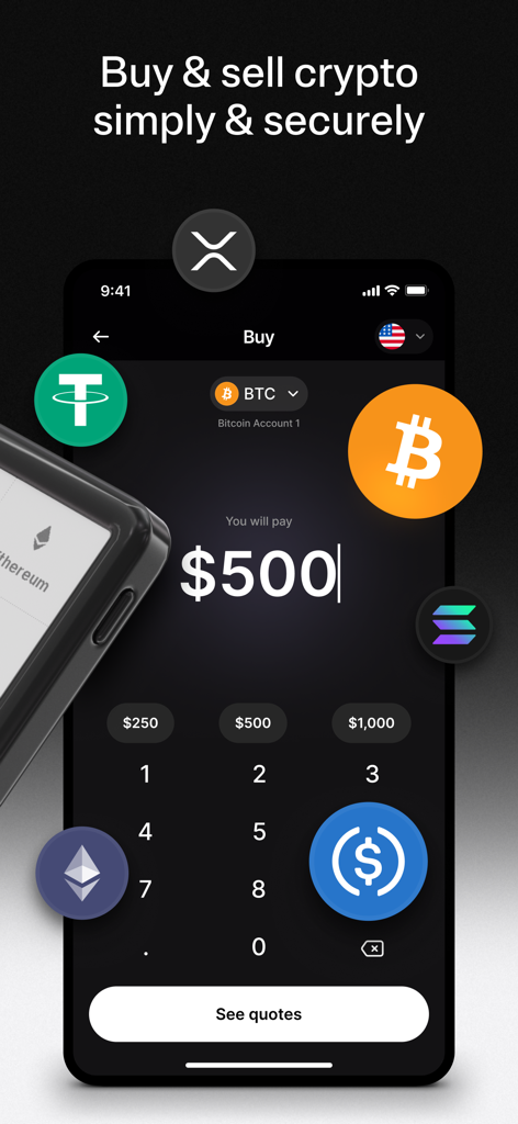 Ledger Wallet app interface for buying and selling Bitcoin and other cryptocurrencies