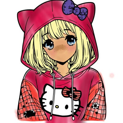 a girl wearing a hello kitty sweater with hood also realistic