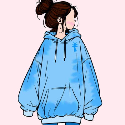 realistic girl with a oversized sweatshirt on and a bun