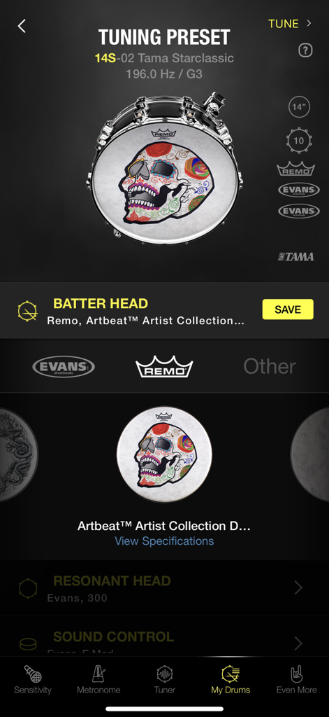 Drumtune PRO | Drum Tuner - Drumtune PRO app interface showing a tuning preset for a Tama Starclassic snare drum with a decorative Remo skull drumhead