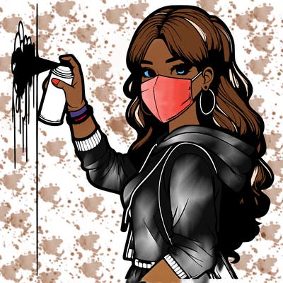 realistic girl with mask spray painting a wall