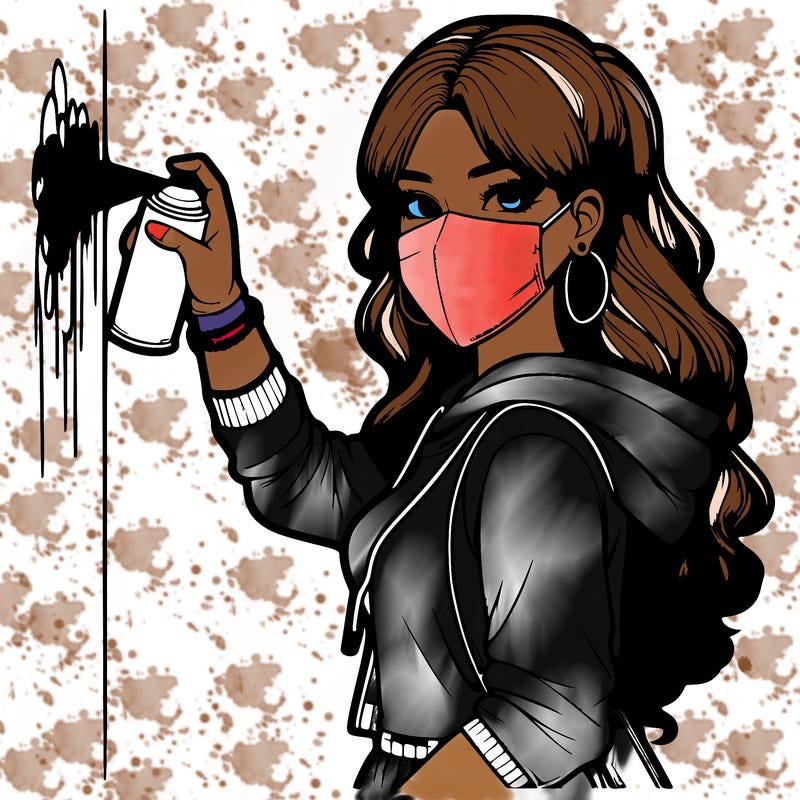 realistic girl with mask spray painting a wall