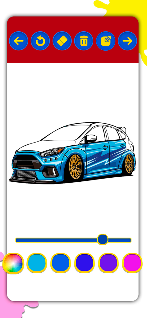 Cars Coloring Pages Collection - Página de colorir digital de um carro esportivo azul com paletas de cores interativas para crianças.