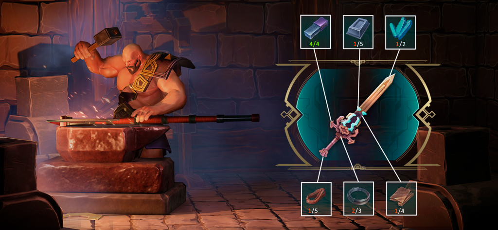 Exile: Wasteland Survival RPG - A warrior forging a sword on an anvil with the crafting UI showing required materials