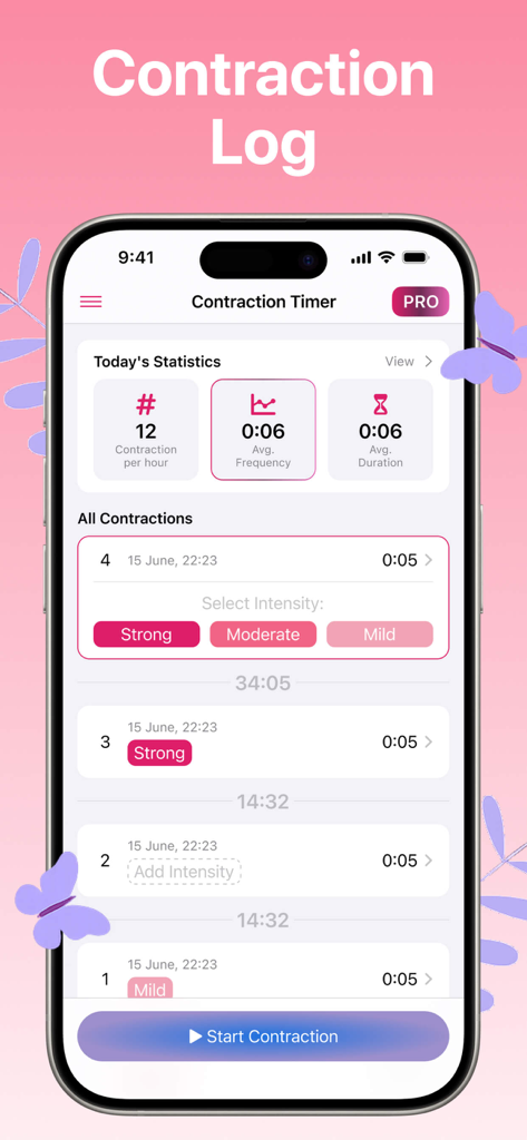 Contraction timer app screen displaying a log of labor contractions with intensity ratings and statistics.