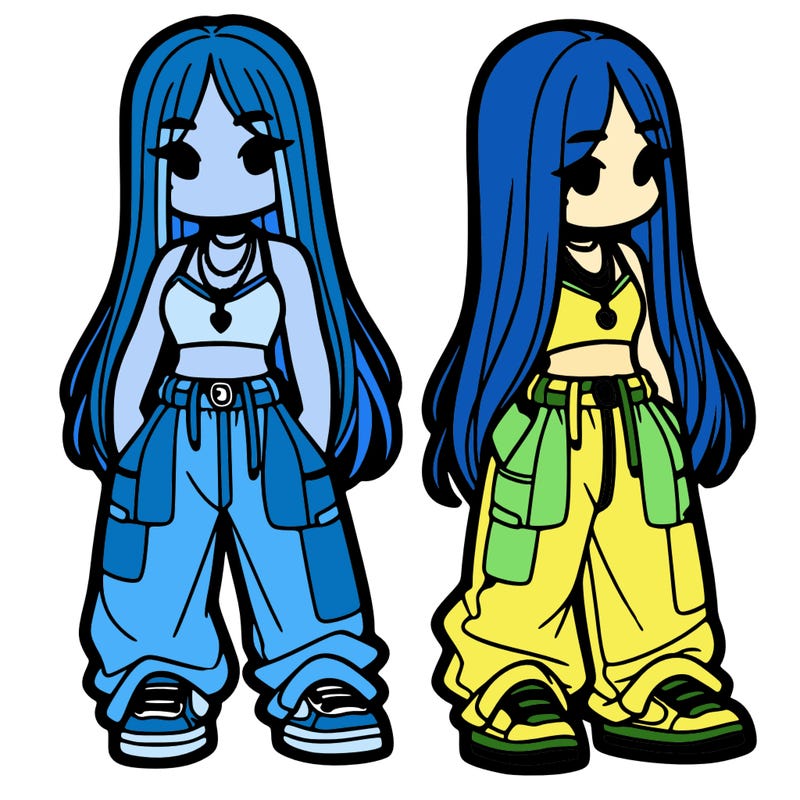 girl in baggy pants crop top and long hair