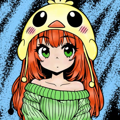 anime girl with chick shaped hat with sweater with bare shoulders with bangs covering them one eye with low tail