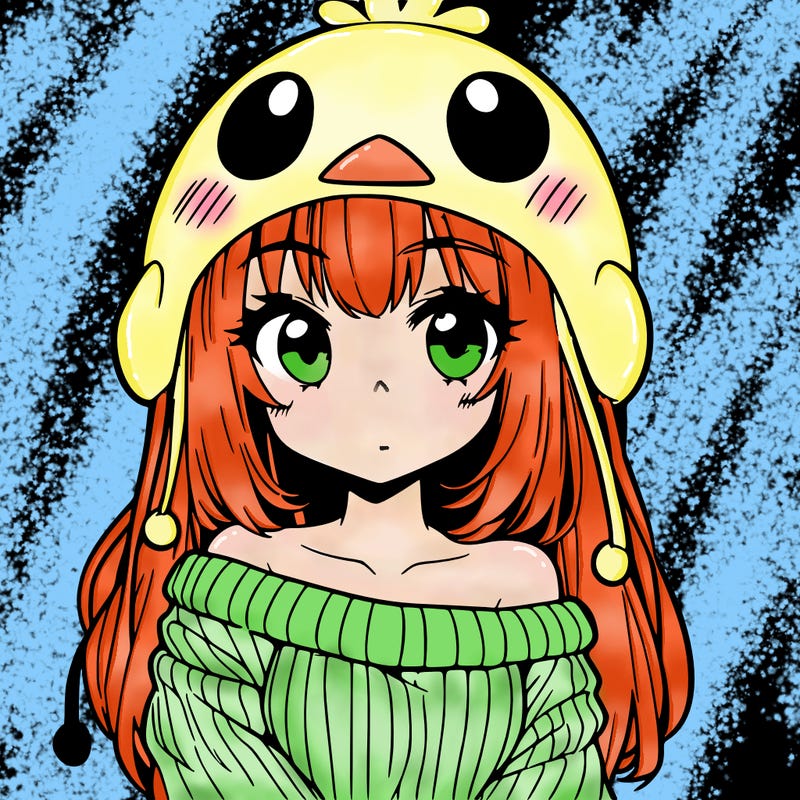 anime girl with chick shaped hat with sweater with bare shoulders with bangs covering them one eye with low tail