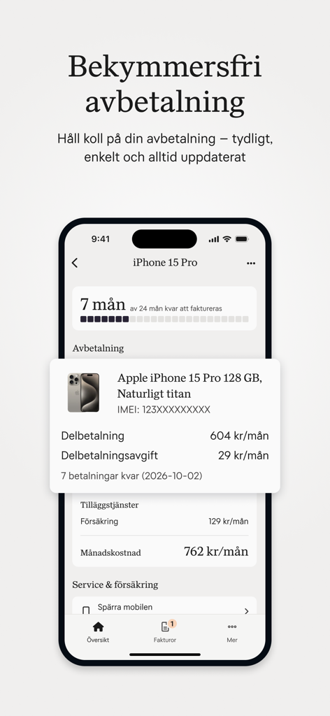 Pantalla de la app Mitt Tele2 mostrando los detalles de las cuotas mensuales de hardware para un iPhone 15 Pro