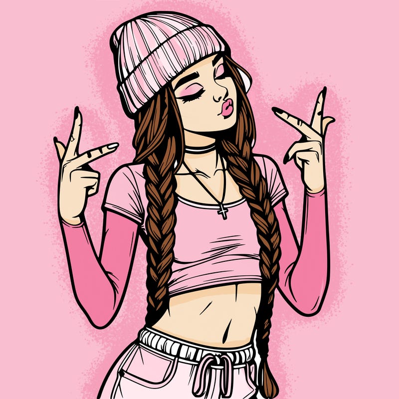 realistic teenage girl with braids and a beanie and crop top doing 🫶🏼