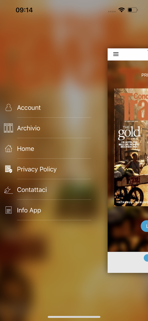 Traveller  Italia - Menu di navigazione laterale dell'app Traveller Italia che mostra le opzioni per account, archivio, home e privacy policy.